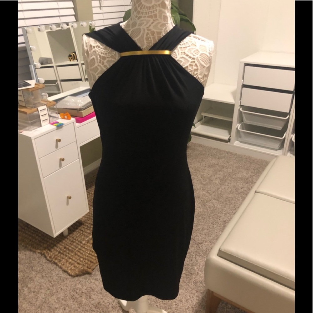 Calvin Klein Black Short Sleeve Dress gold accent